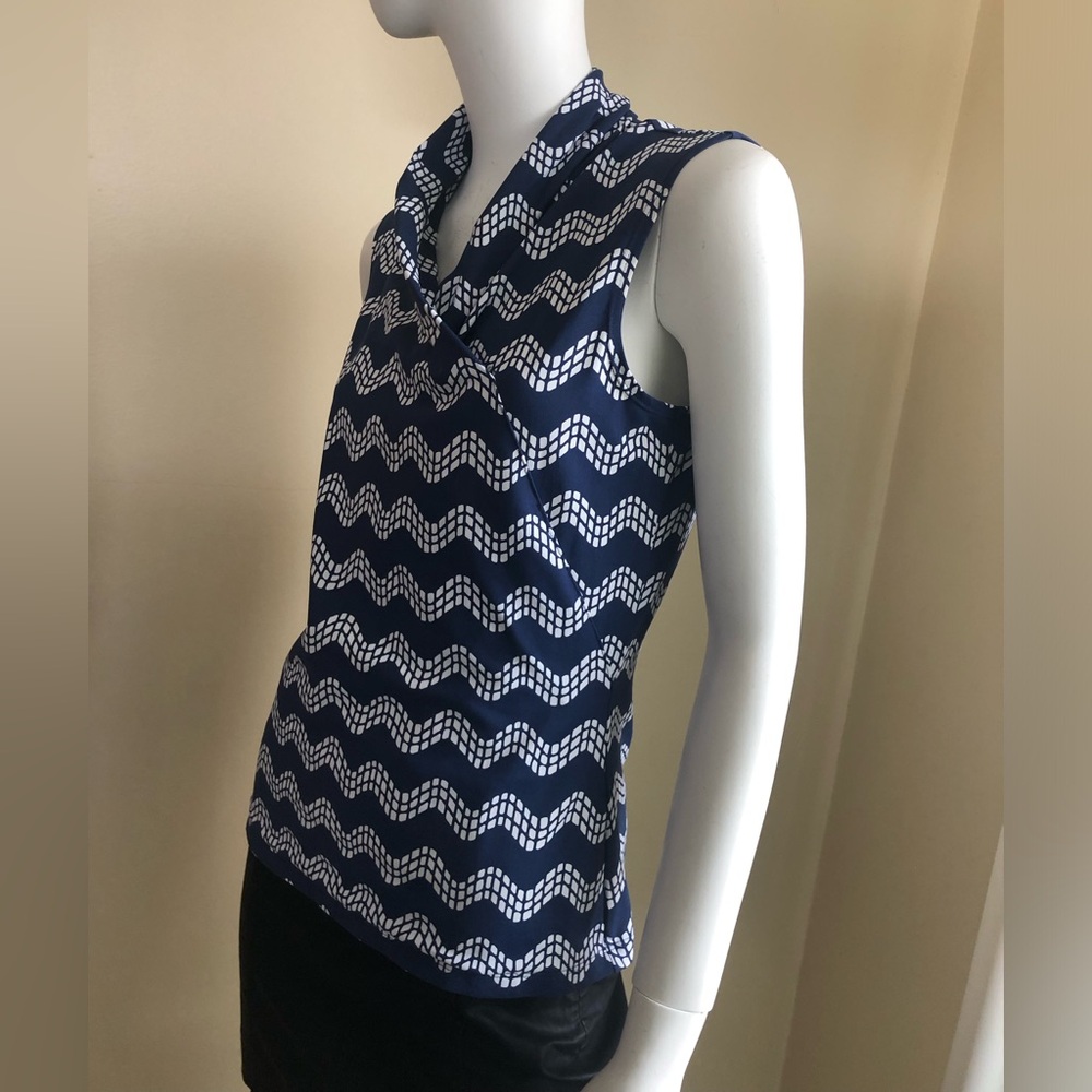 J. McLaughlin sleeveless top in blue and white faux wrap - Picture 5 of 15